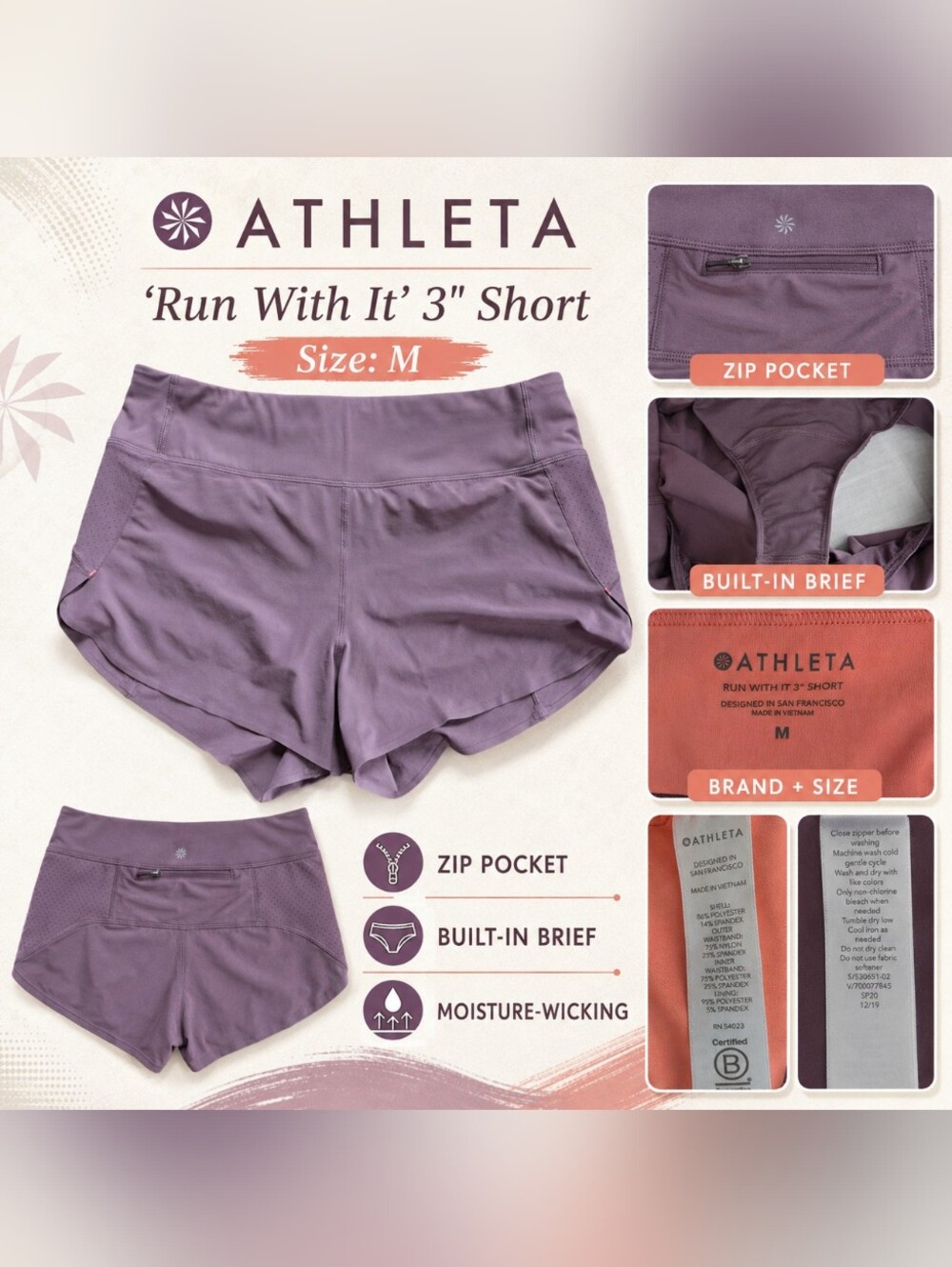 Athleta Run With It 3" shorts size M
